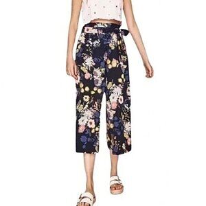 ZARA Womens Cropped High-Rise Wide-Leg Pull On Floral Culotte Pants w/Pockets S